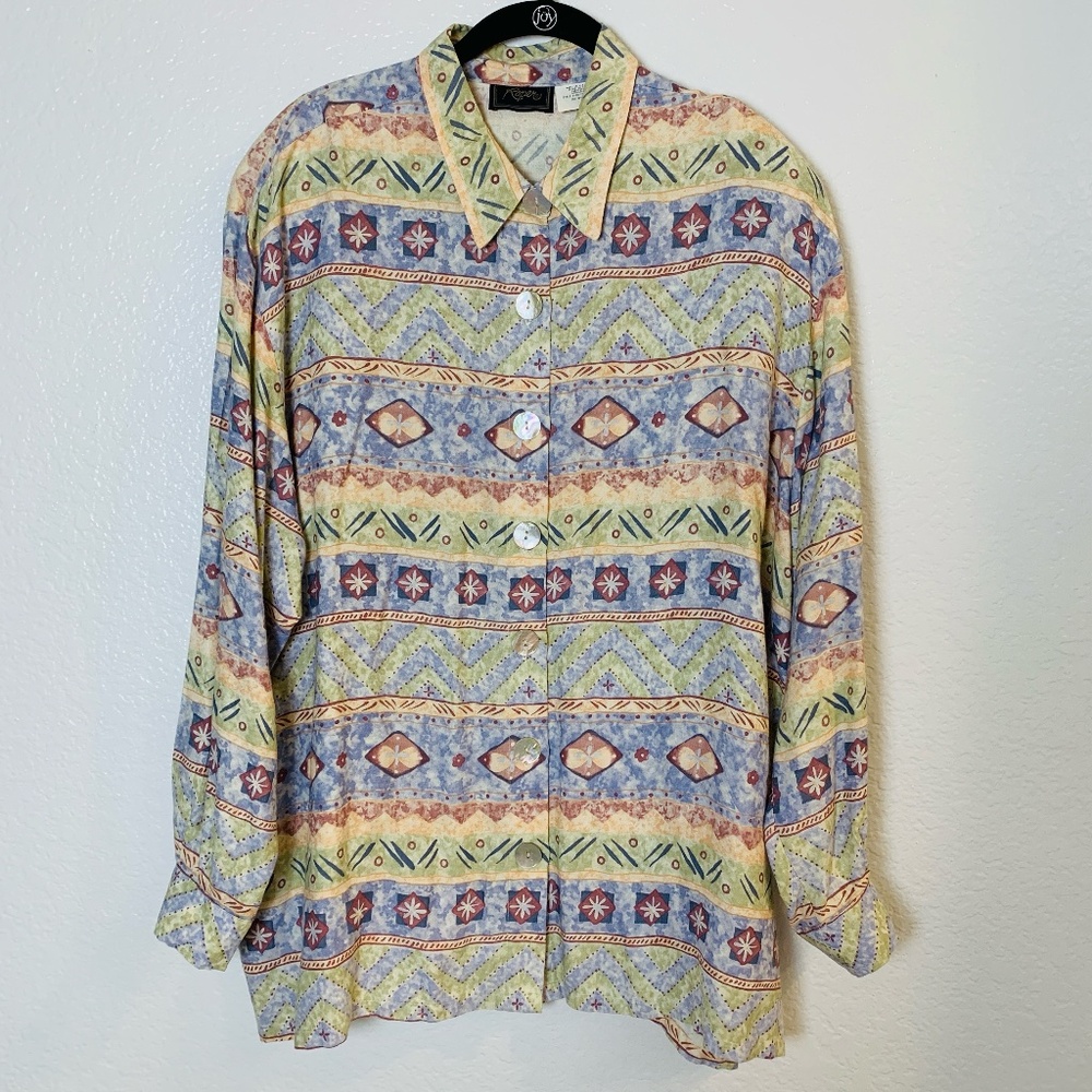 Vintage Roper Button Up Shirt Womens 2X Long Sleeve Western Aztec Lagenlook Art